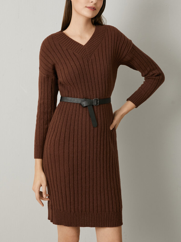 
	Solid Color Ribbed Knit V-neck Bodycon Women Casual Dress