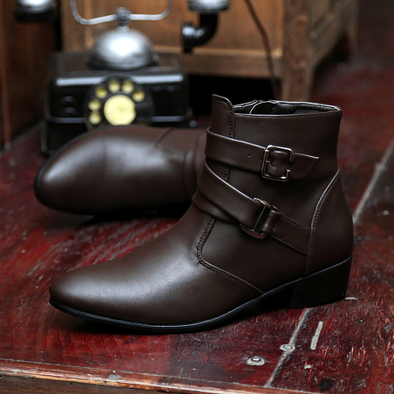 
	Men PU Non Slip Pointed Toe Side Zipper Buckle Casual Boots