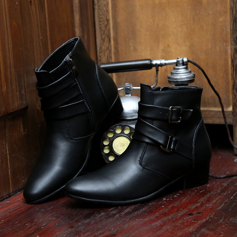 
	Men PU Non Slip Pointed Toe Side Zipper Buckle Casual Boots