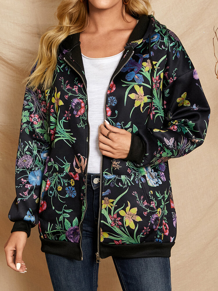 
	Calico Print Zip Front Drawstring Kangaroo Pocket Hoodie Jacket