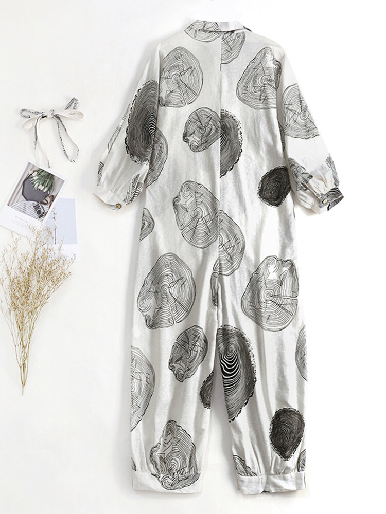 
	Tree Rings Print Button Long Sleeve Casual Jumpsuit for Women