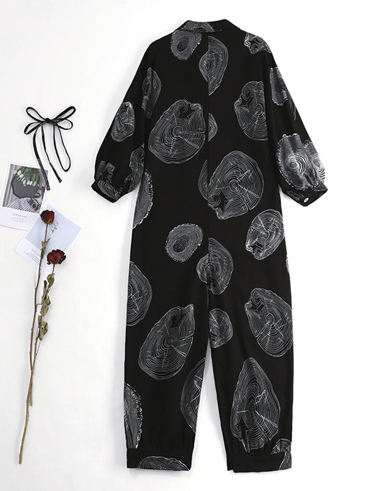 
	Tree Rings Print Button Long Sleeve Casual Jumpsuit for Women
