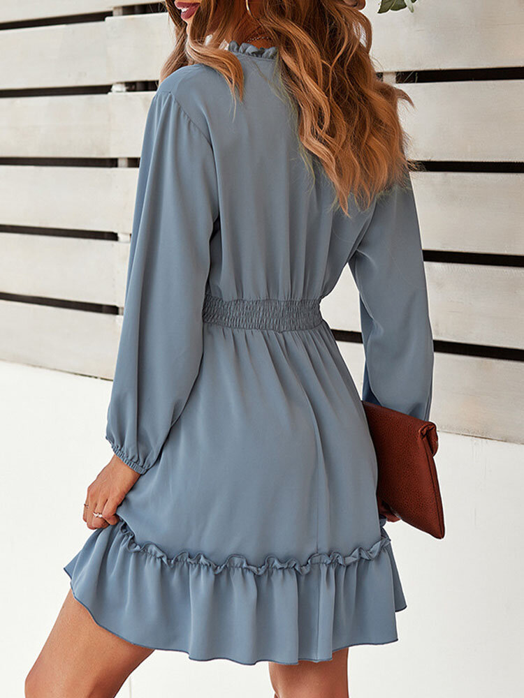
	Solid Elastic Waist Ruffle Tie Front Long Sleeve Casual Dress