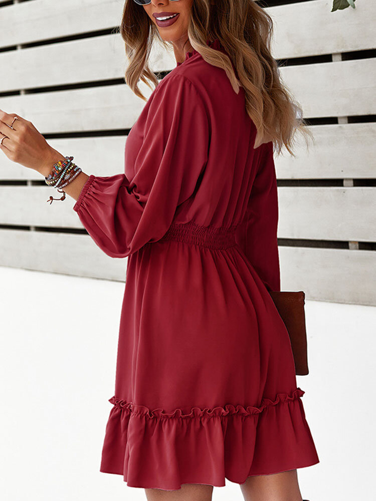
	Solid Elastic Waist Ruffle Tie Front Long Sleeve Casual Dress