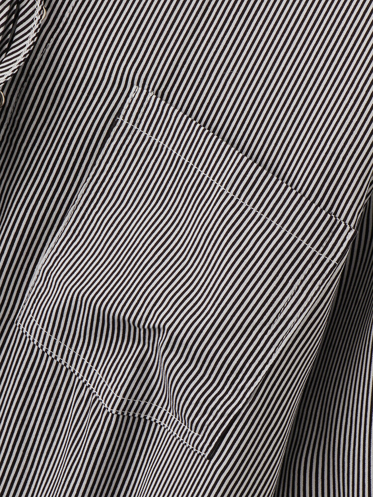 
	Stripe Print Pocket Tie Front Long Sleeve Lapel Dress