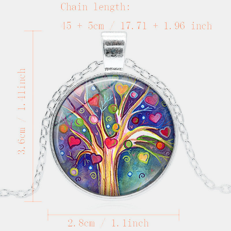 
	Vintage Geometric Round Tree Of Life Gemstone Pendant Necklace Metal Colorful Glass Printed Women Jewelry