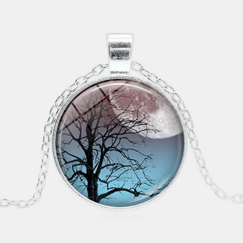 
	Vintage Geometric Round Tree Of Life Gemstone Pendant Necklace Metal Colorful Glass Printed Women Jewelry