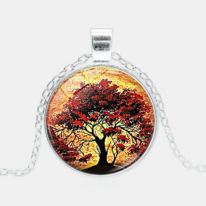 
	Vintage Geometric Round Tree Of Life Gemstone Pendant Necklace Metal Colorful Glass Printed Women Jewelry