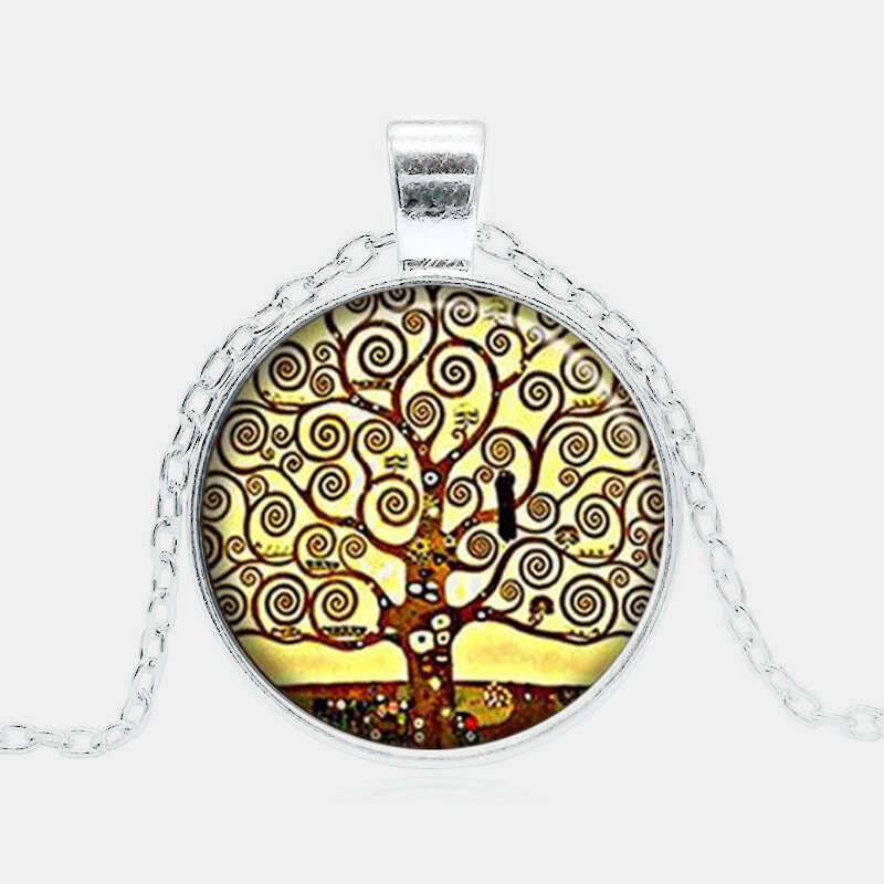 
	Vintage Geometric Round Tree Of Life Gemstone Pendant Necklace Metal Colorful Glass Printed Women Jewelry