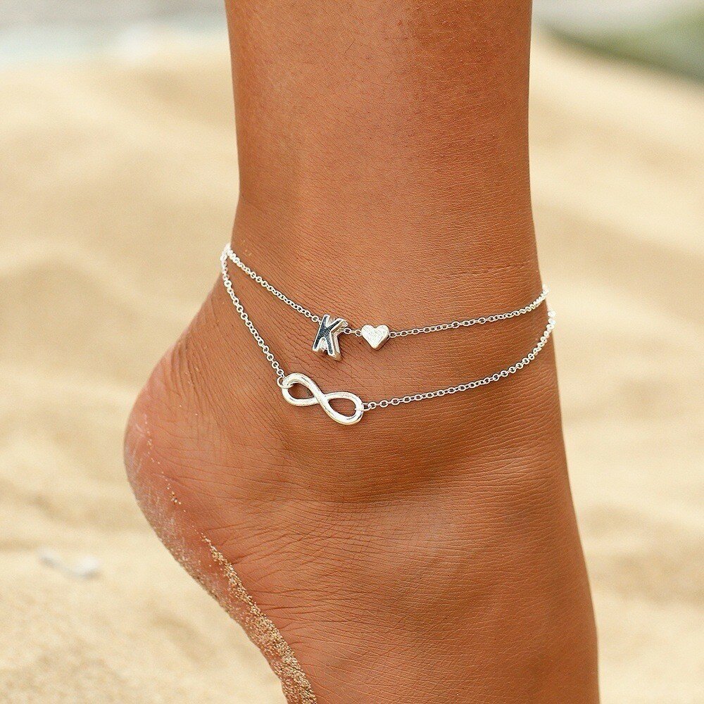
	Bohemian Geometric Peach Heart Letter Multi-layer Anklet Metal Infinity Symbol Pendant Anklet
