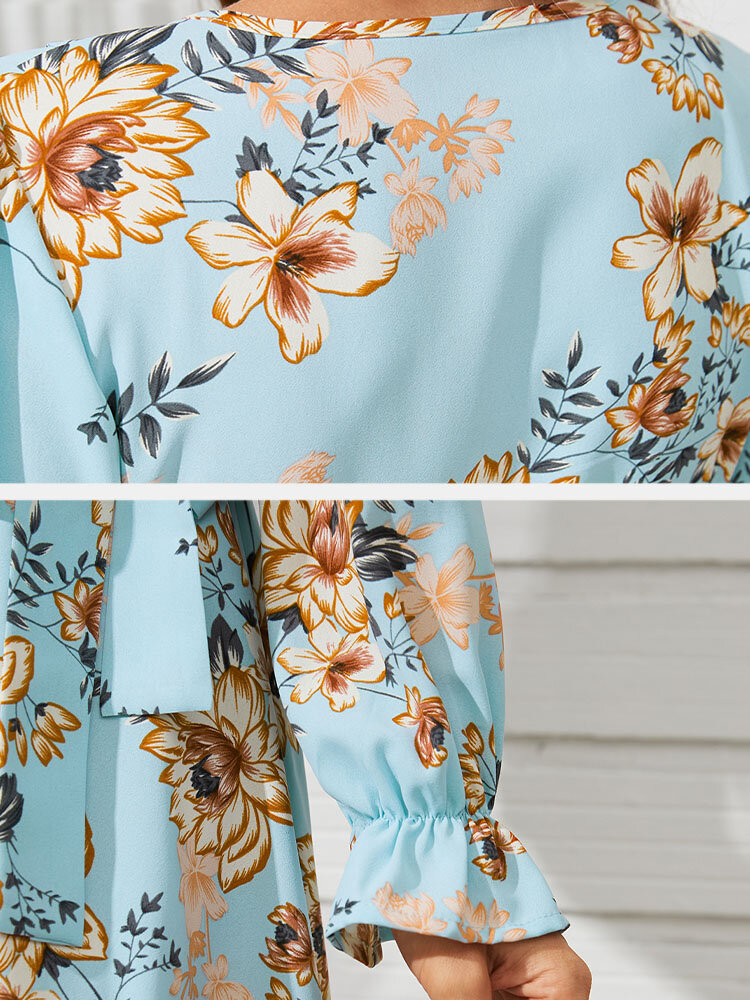 
	Flower Print Belt Long Sleeve Cross Wrap V-neck Dress