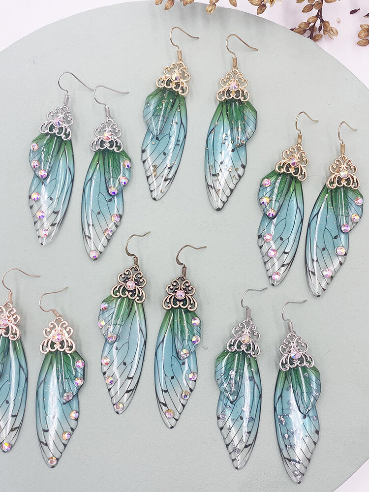 
	Vintage S925 Sterling Silver Butterfly Long Cicada Wings Gradient Earrings