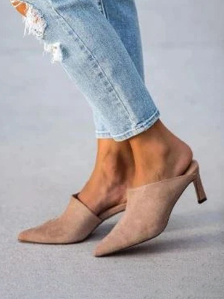 
	Large Size Solid Color Suede Pointed Closed Toe Mules Heels For Women