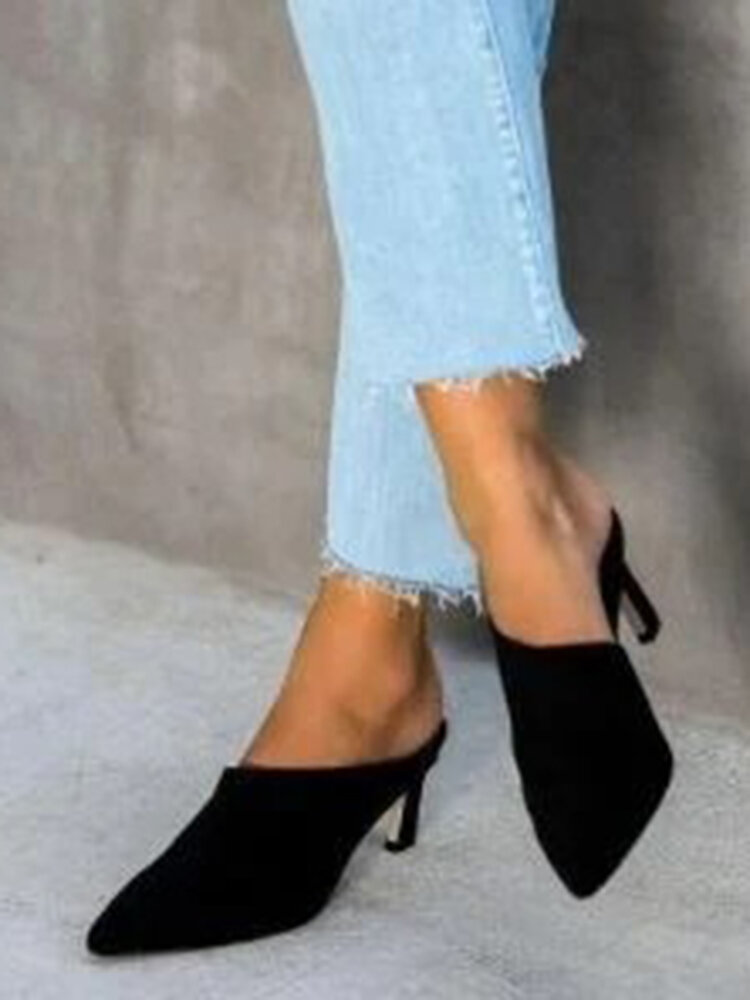 
	Large Size Solid Color Suede Pointed Closed Toe Mules Heels For Women