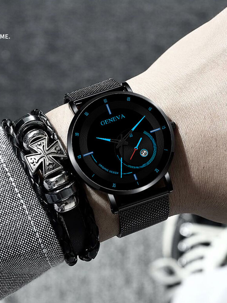 
	Alloy Steel Business Casual Mesh Belt Calendar Mens Quartz Watch