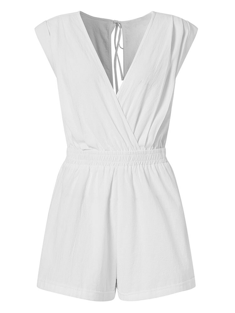 
	Solid Color Knotted Pocket High Waist V-Neck Sleeveless Romper
