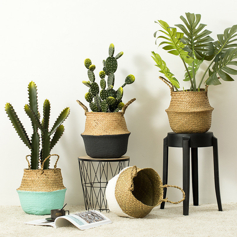 
	Household Foldable Natural Seagrass Woven Storage Pot Garden Flower Vase Hanging Basket With Handle