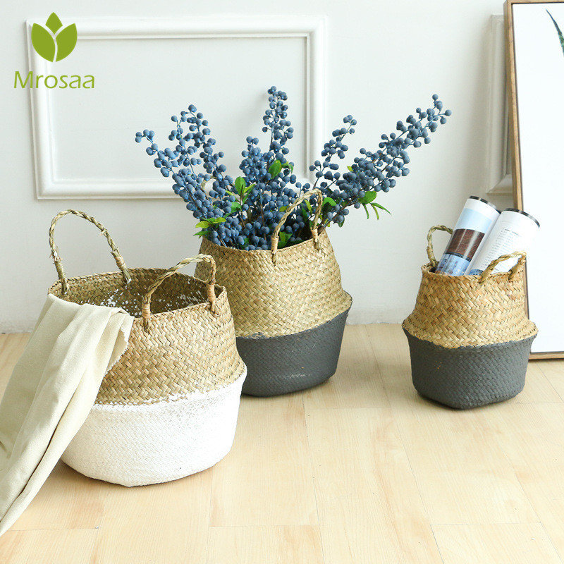 
	Household Foldable Natural Seagrass Woven Storage Pot Garden Flower Vase Hanging Basket With Handle