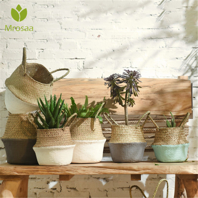 
	Household Foldable Natural Seagrass Woven Storage Pot Garden Flower Vase Hanging Basket With Handle