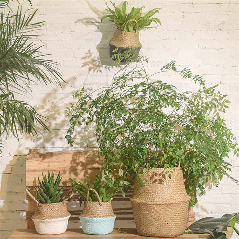 
	Household Foldable Natural Seagrass Woven Storage Pot Garden Flower Vase Hanging Basket With Handle