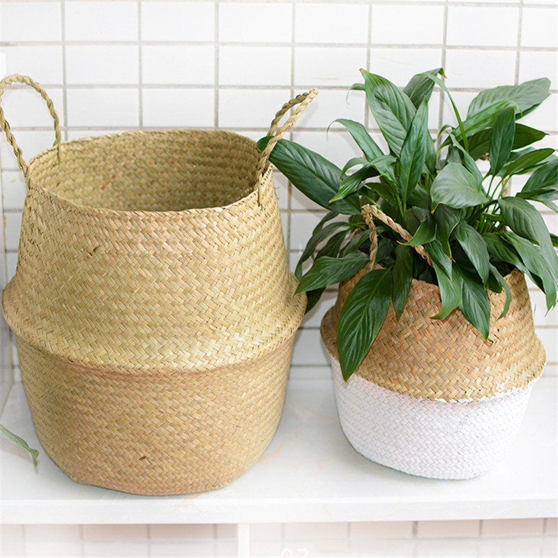 
	Household Foldable Natural Seagrass Woven Storage Pot Garden Flower Vase Hanging Basket With Handle