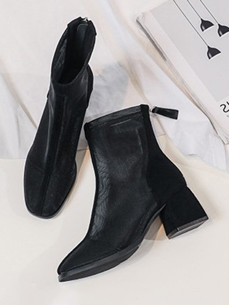 
	Women Solid Color Summer Breathable Mesh Suede Pacthwork Back-zip Heel Boots