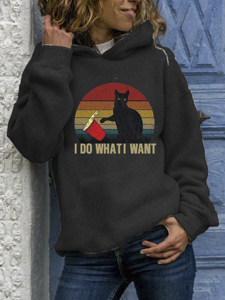 
	Black Cat Print Long Sleeves Casual Hoodies for Women