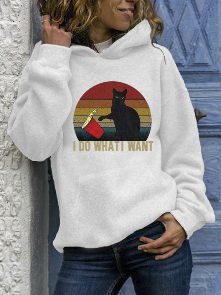 
	Black Cat Print Long Sleeves Casual Hoodies for Women