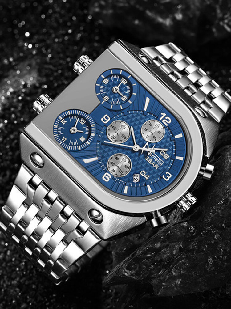 
	U-Shape Dial Men Business Watch Three Time Zone Calendar Waterproof Quartz Watch