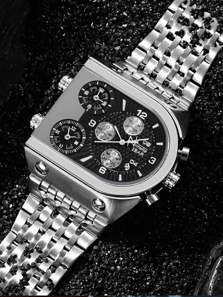 
	U-Shape Dial Men Business Watch Three Time Zone Calendar Waterproof Quartz Watch