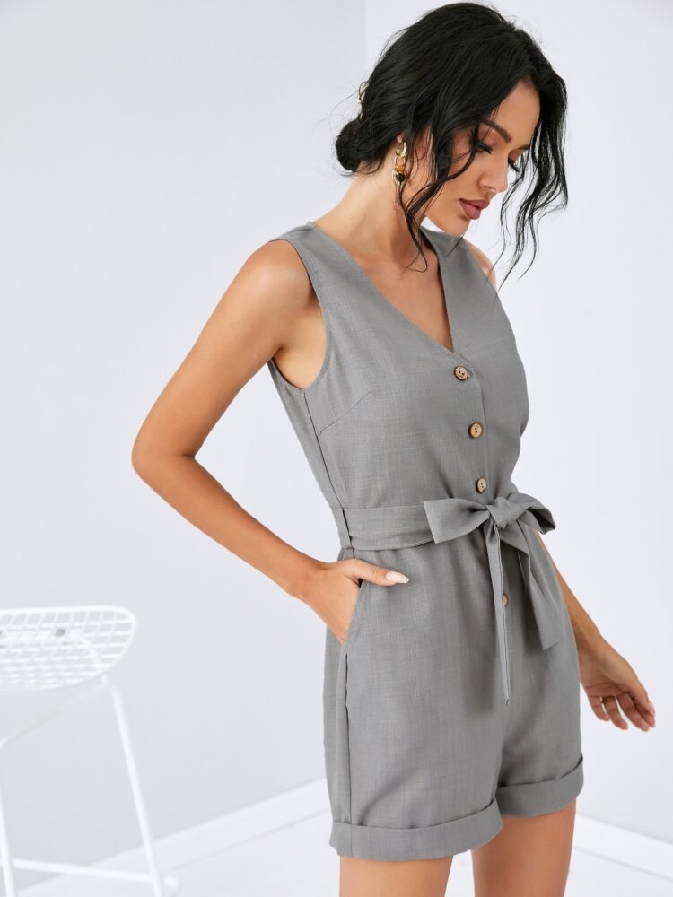 
	Solid Pocket Button Belt Sleeveless Casual Jumpsuit Women