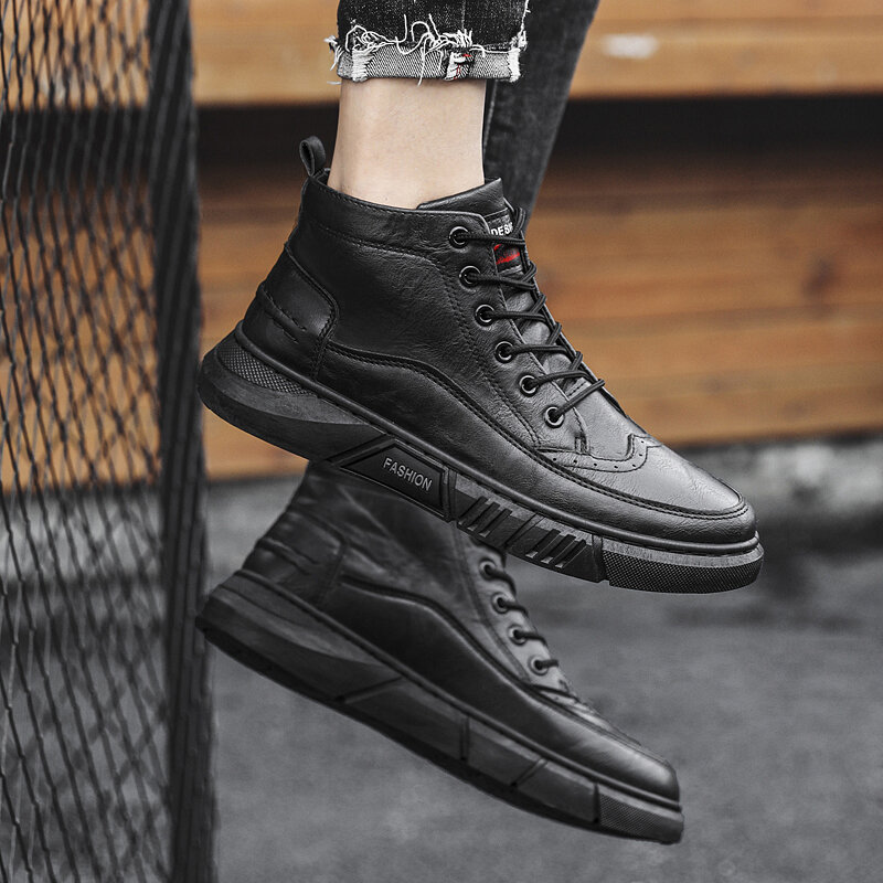 
	Men Brogue Black Lace Up High Top Ankle Casual Boots