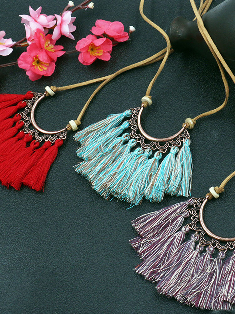
	Bohemian Cotton Thread Tassel Long Necklace