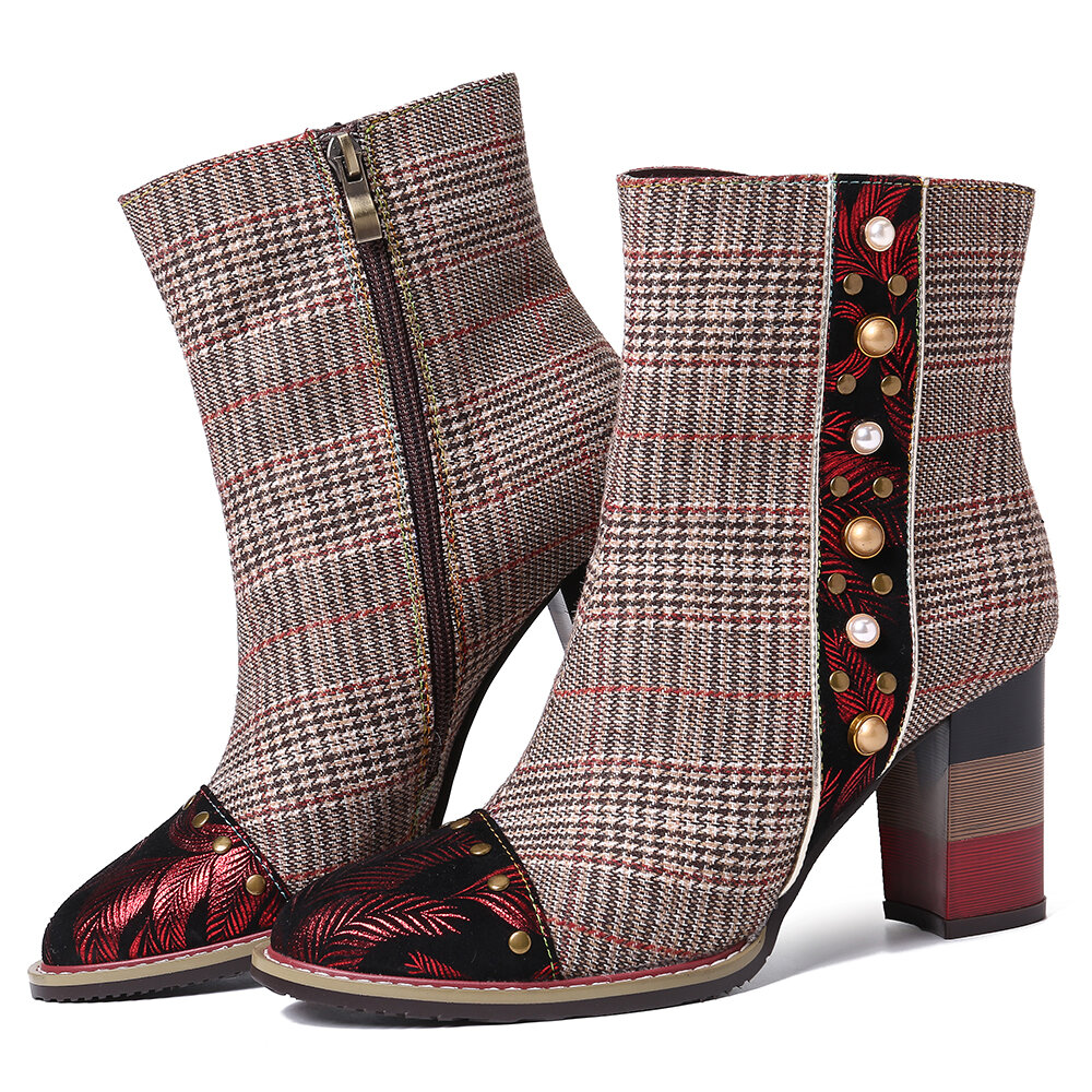 
	SOCOFY Grid Pattern Fashion Bead Sheep Leather Splicing High Square Heel Short Boots