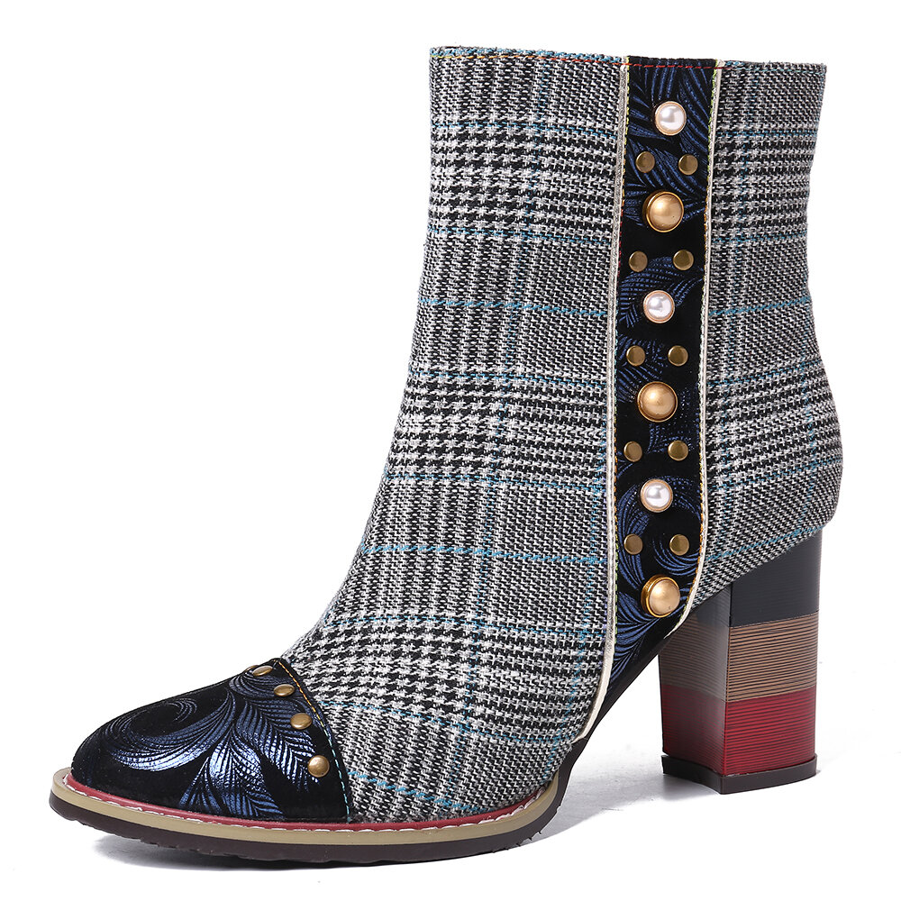 
	SOCOFY Grid Pattern Fashion Bead Sheep Leather Splicing High Square Heel Short Boots