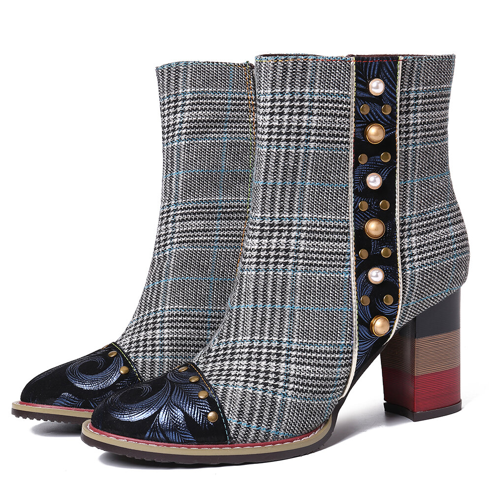 
	SOCOFY Grid Pattern Fashion Bead Sheep Leather Splicing High Square Heel Short Boots