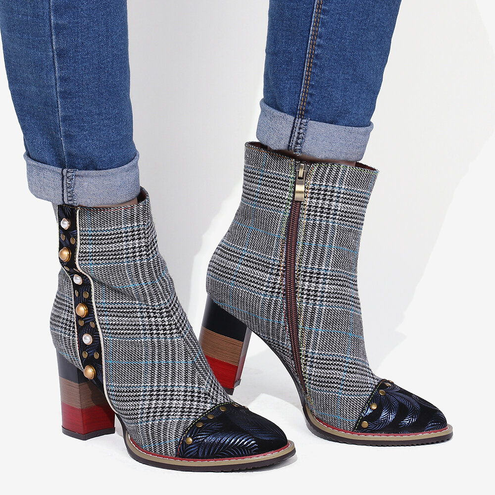 
	SOCOFY Grid Pattern Fashion Bead Sheep Leather Splicing High Square Heel Short Boots