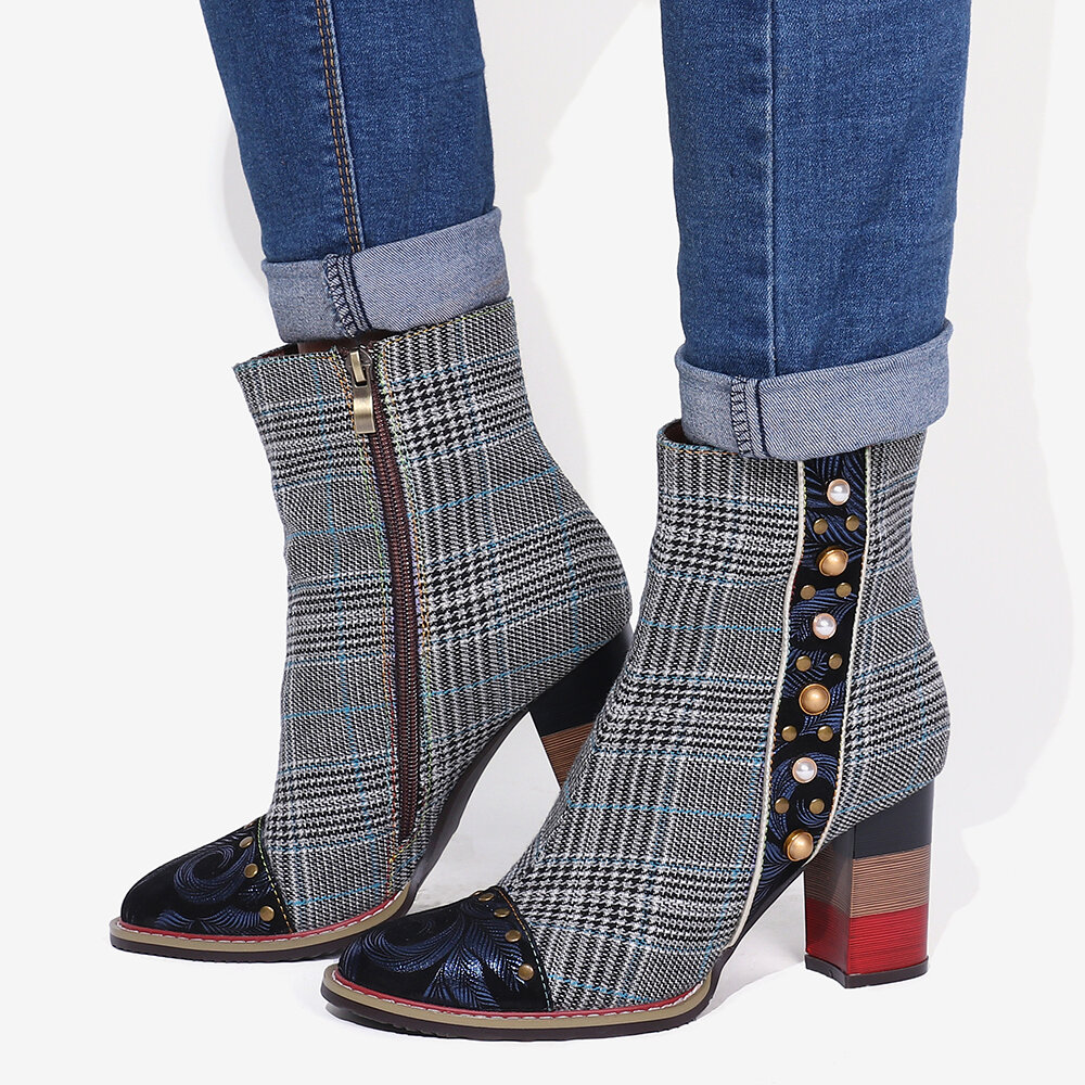 
	SOCOFY Grid Pattern Fashion Bead Sheep Leather Splicing High Square Heel Short Boots