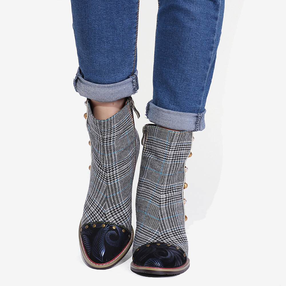 
	SOCOFY Grid Pattern Fashion Bead Sheep Leather Splicing High Square Heel Short Boots