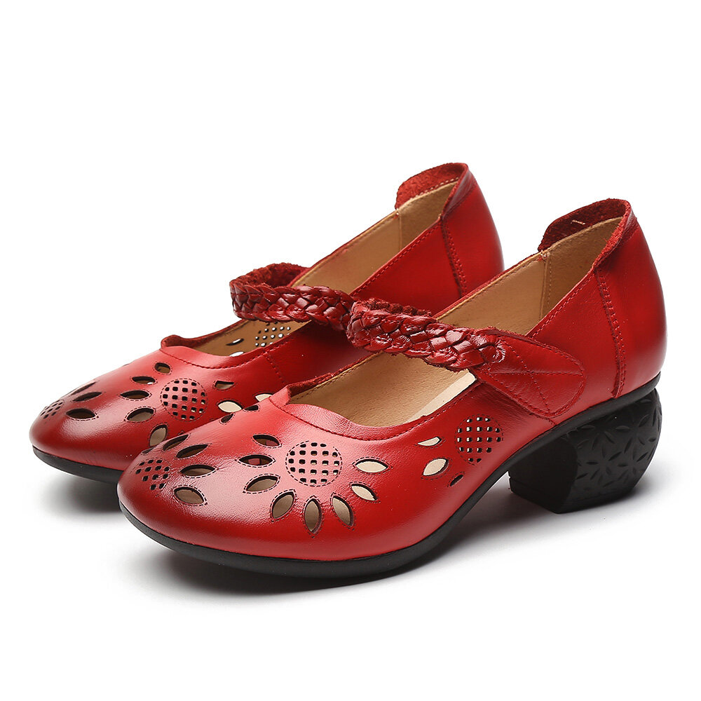 
	SOCOFY Leather Cutout Floral Braided Adjustable Ankle Strap Chunky Heel D&rsquo;orsay Pumps