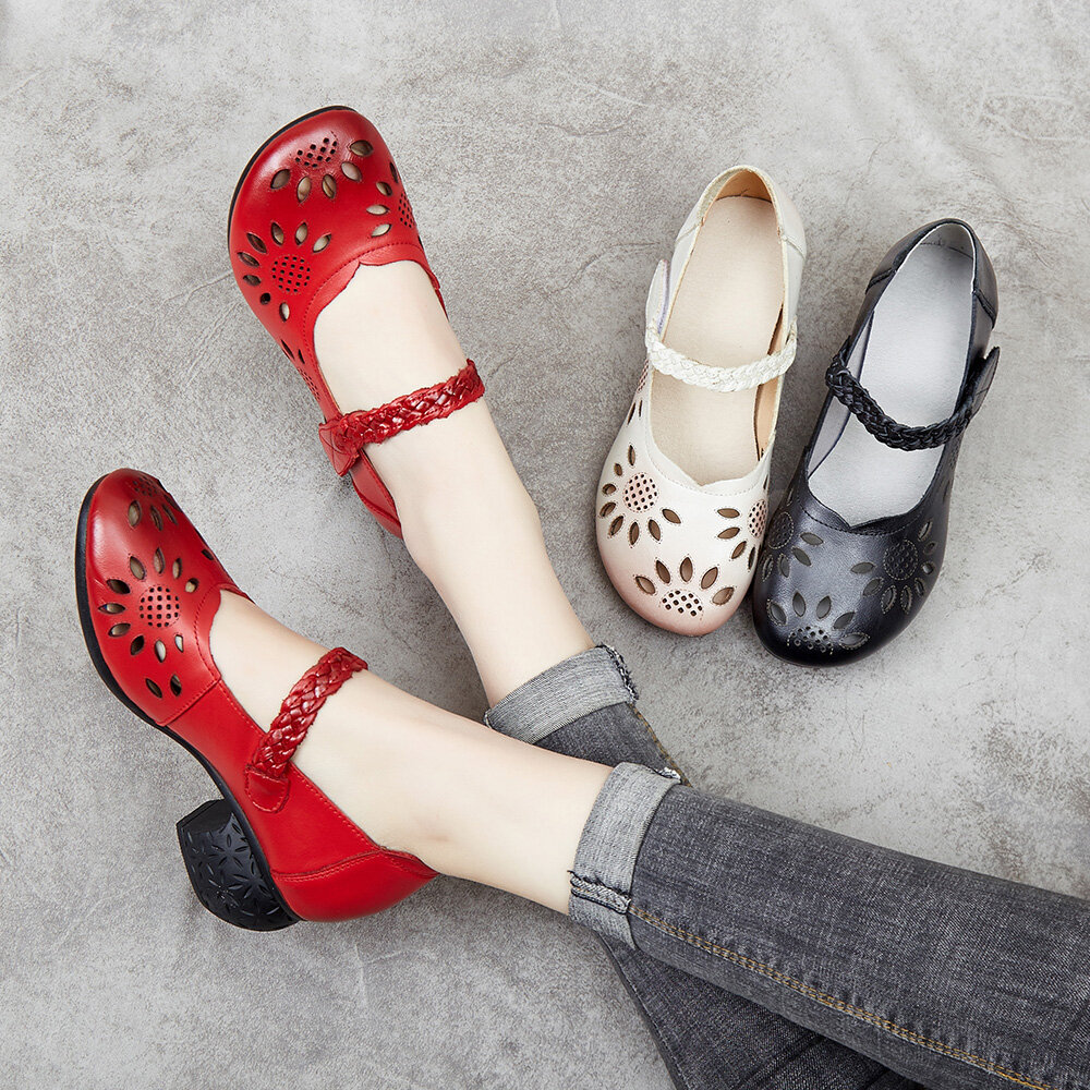 
	SOCOFY Leather Cutout Floral Braided Adjustable Ankle Strap Chunky Heel D&rsquo;orsay Pumps