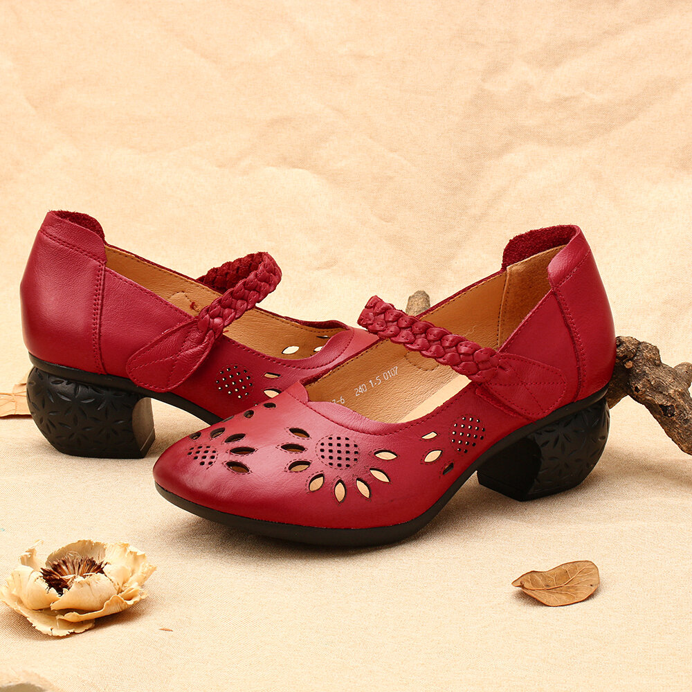 
	SOCOFY Leather Cutout Floral Braided Adjustable Ankle Strap Chunky Heel D&rsquo;orsay Pumps