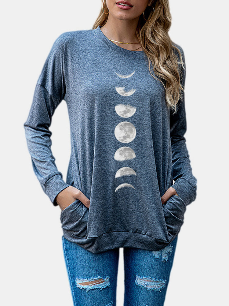 
	Moon Printed Long Sleeve O-neck Sweatshirt For Women