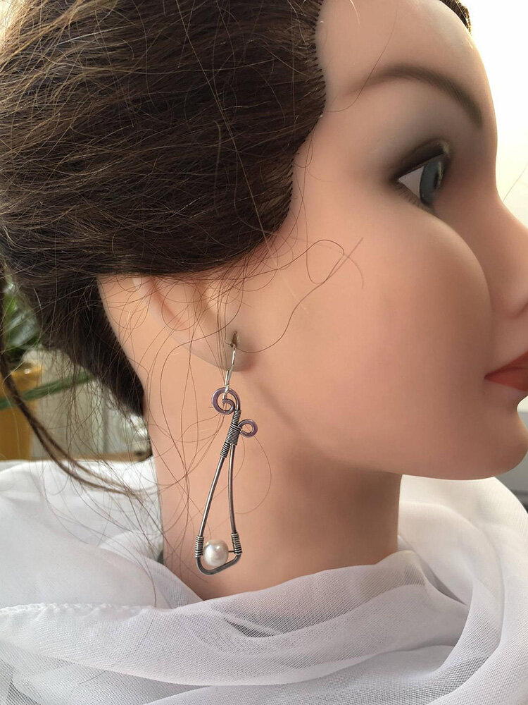 
	Vintage 925 Silver Plated Women Earrings Symmetry Bowknot Pearl Pendant Earrings