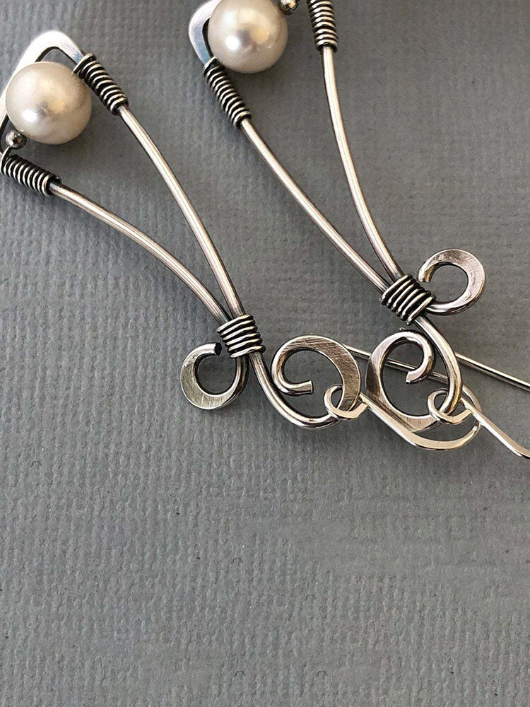 
	Vintage 925 Silver Plated Women Earrings Symmetry Bowknot Pearl Pendant Earrings