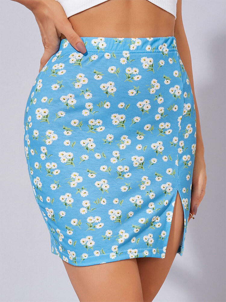 
	Bohemian Floral Print Slit Hem Elastic Waist Mini Skirt