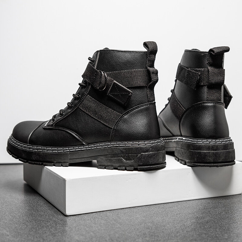 
	Men PU Lace-up Ribbon Round Toe Casual Short Boots