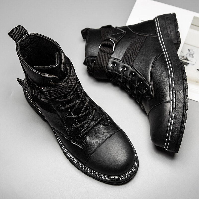 
	Men PU Lace-up Ribbon Round Toe Casual Short Boots