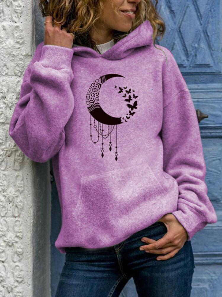 
	Cartoon Moon Print Casual Long Sleeve Hoodie For Women