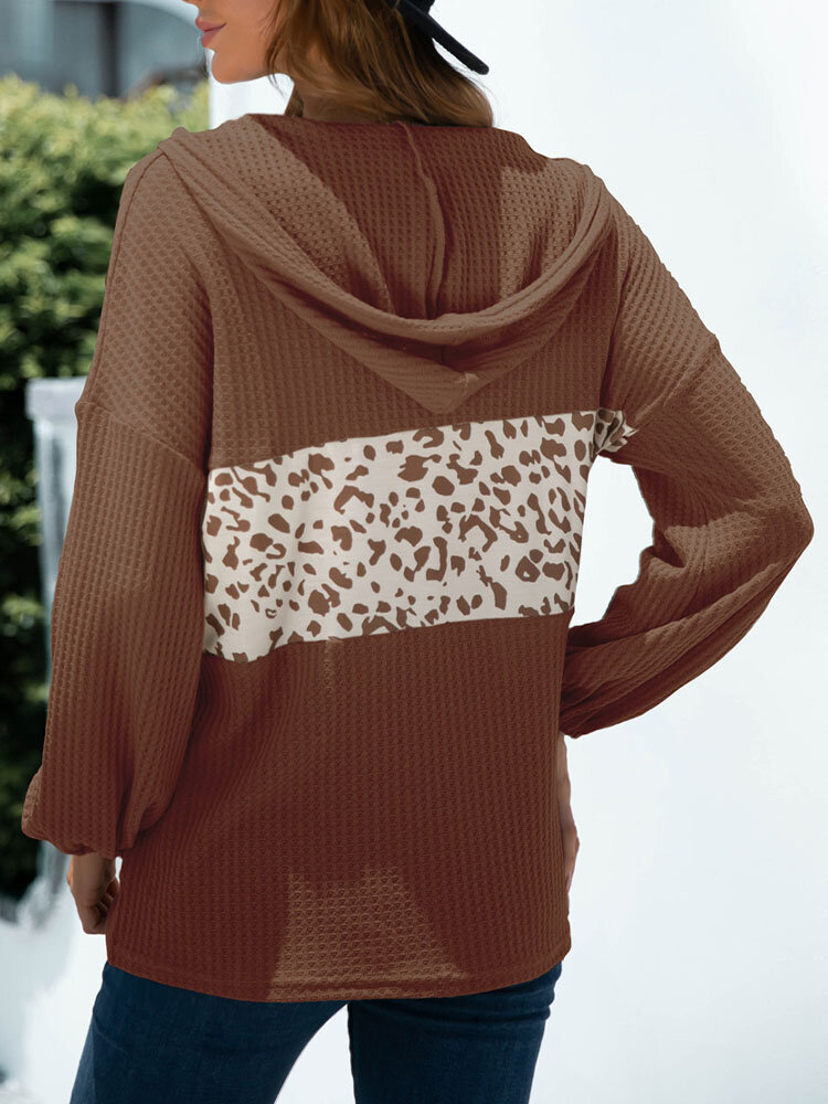 
	Leopard Pocket Hooded Long Sleeve Zip Draswtring Hoodie